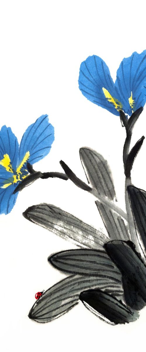 Blue Irises and Red Ladybug by Ilana Shechter