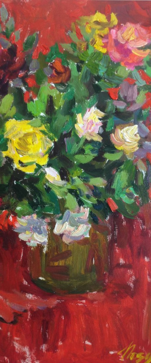Roses on red still life impressionistic modern original oil painting by Nataliia Nosyk