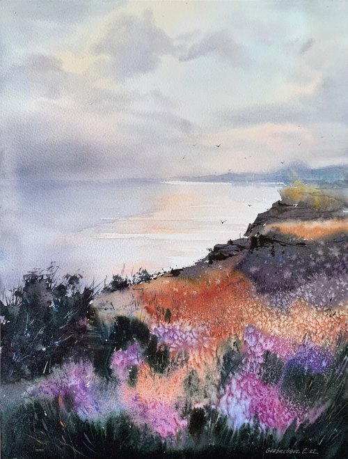 Flowers and sea, Cyprus by Eugenia Gorbacheva