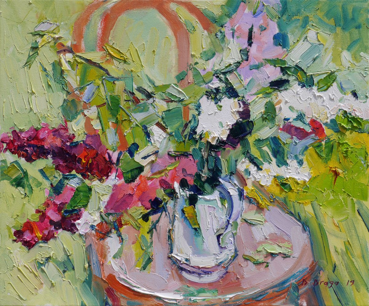 Impressionistic Botanical Oil Painting By Dima Braga, 24 X 20, Still Life With Lilac, Original Artwork