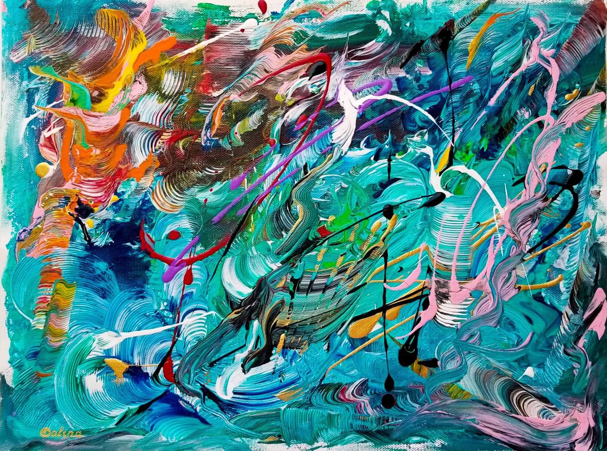 Expressive Abstract Acrylic Painting By Galina Victoria, 16 X 12, Magic Forces, Original Artwork