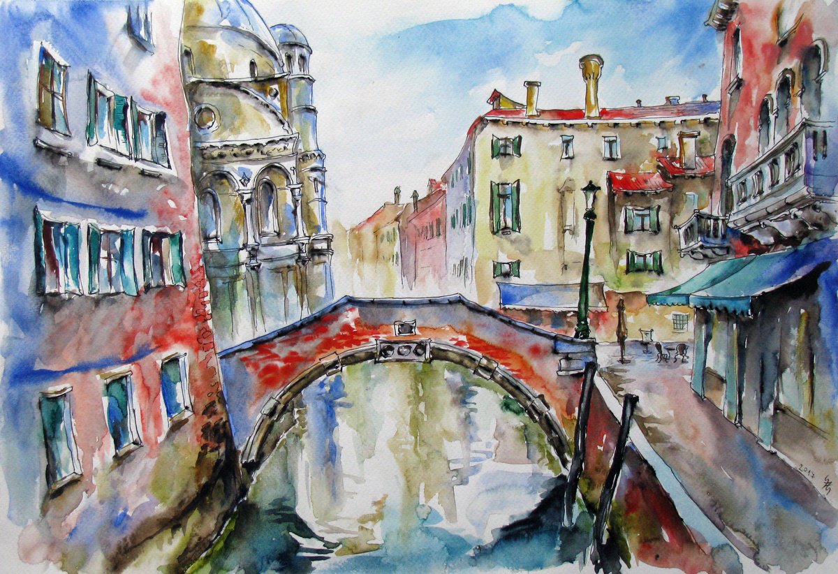 Expressive Cityscapes Watercolour By Szekelyhidi Zsolt, 20 X 15", Venice No.3, Original Artwork