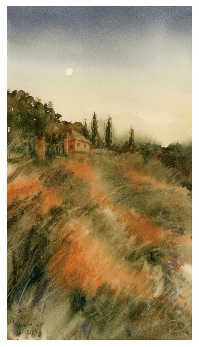 Impressionistic Landscape Watercolour By Tatyana Tokareva, 9 X 15", Provence. Hot Evening, Original Artwork