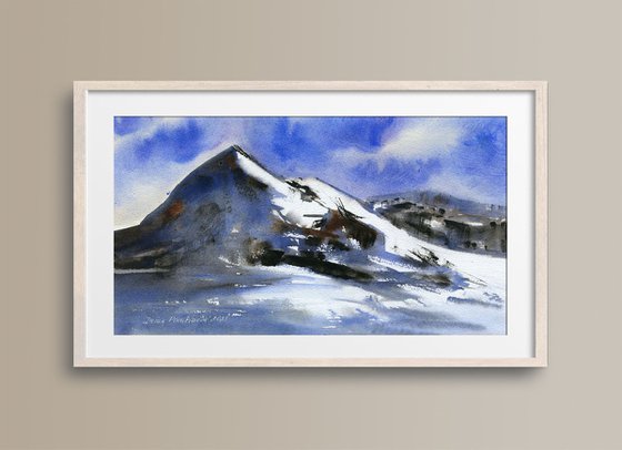 Mountain sunset  original artwork  painting ,  watercolor in blue colores, decor for living room, gift for her