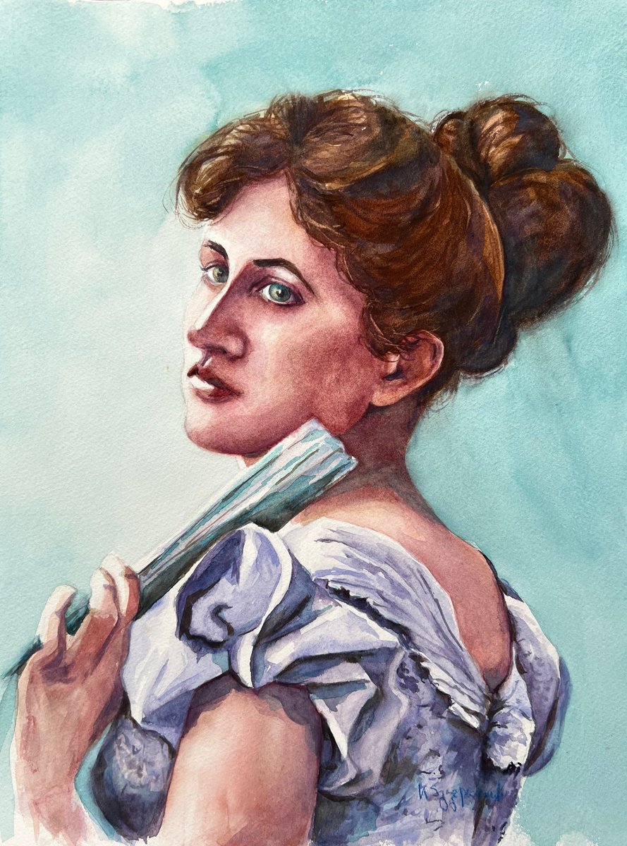 Impressionistic Portrait Watercolour By Krystyna Szczepanowski, 12 X 16", Lady With A Fan, Original Artwork