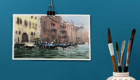 Grand Canal Venice, Original colorful watercolour venetian scenery.
