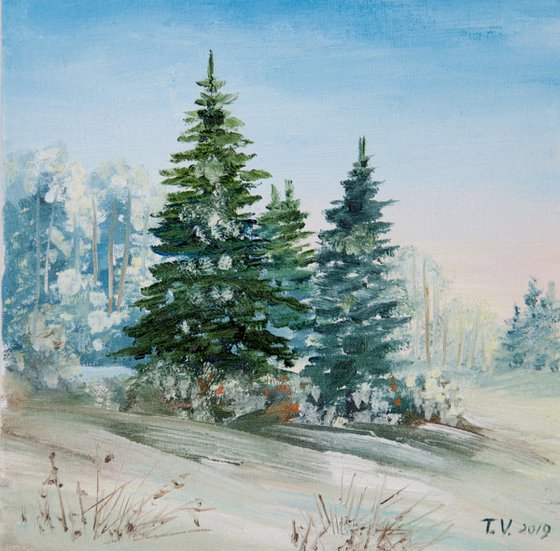 Winter nature. Little landscape. Oil painting. Original Art. Miniature 6 x 6