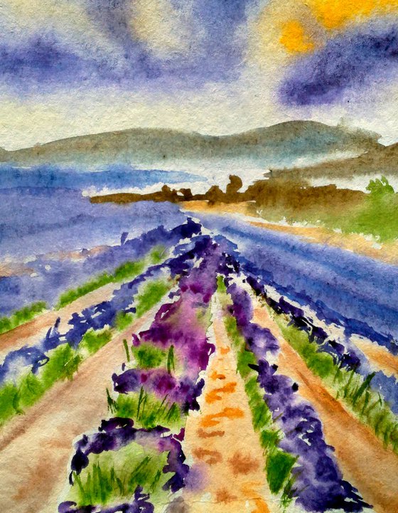 Tuscany Painting Landscape Original Art Small Lavender Field Watercolor Artwork Home Wall Art 12 by 8" by Halyna Kirichenko