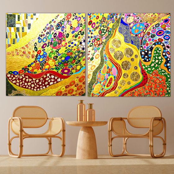 2 pieces 200х100 cm Abstract painting large wall art colorful vivid relief Klimt inspired diptych