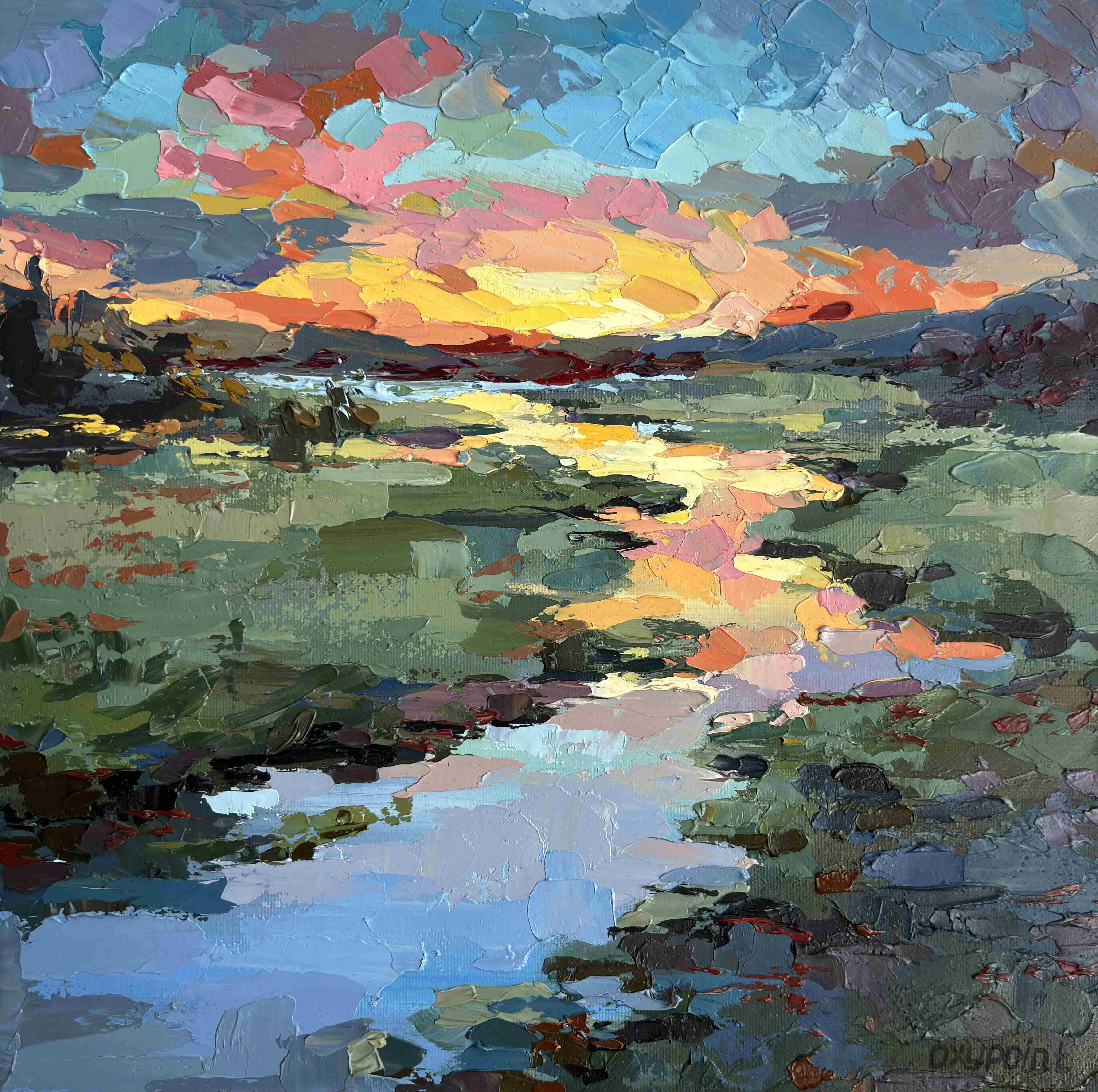 Impressionistic Landscape Oil Painting By Oxypoint, 12 X 12", "Golden Flow", Original Artwork