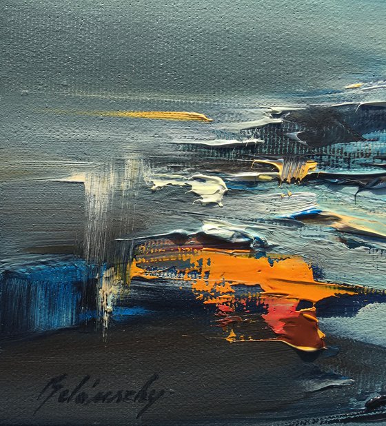 Midnight Walk - 20 x 20 cm, abstract mountain oil painting in blue and orange