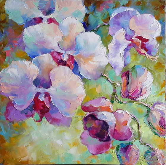 Original oil painting flowers, blooming flower, Orchid, impasto, palette knife