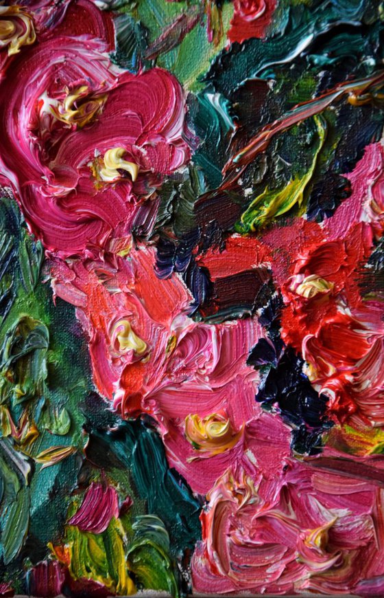 Abstract flowers impasto oil painting Spring blooming, palette knife floral home decor
