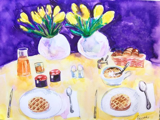 Breakfast with yellow tulips