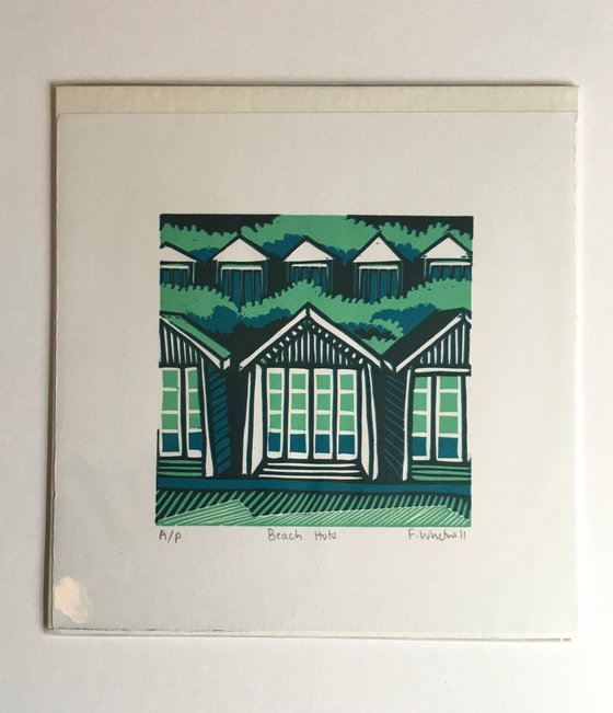 Beach Huts, signed original linocut print, Artist's Proof