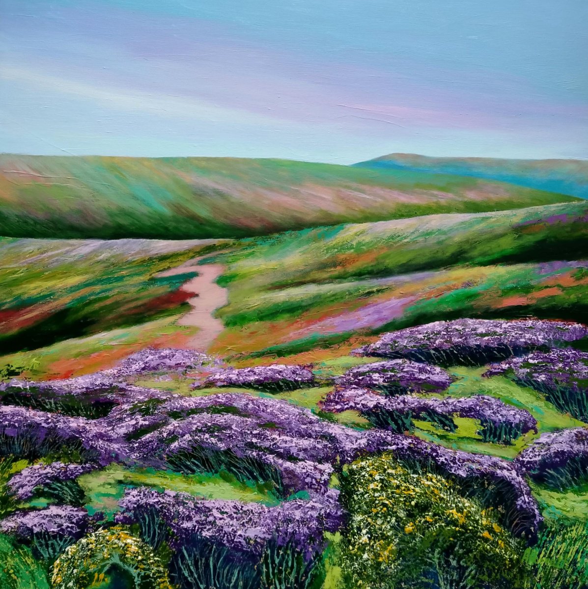 Impressionistic Landscape Acrylic Painting By Amanda Horvath, 30 X 30, Walking The Windy Moor, Original Artwork