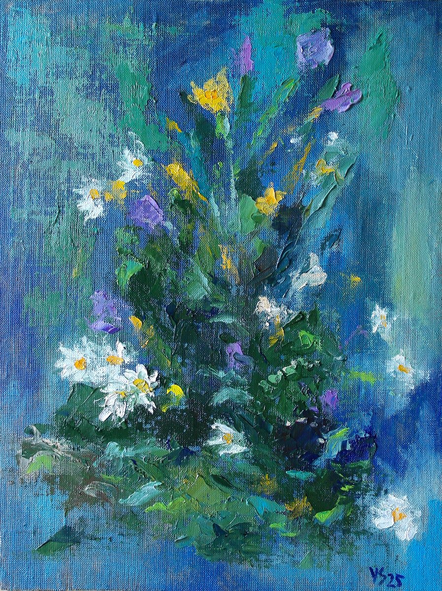 Expressive Botanical Oil Painting By Juri Semjonov, 12 X 16", Meadow Flowers, Original Artwork