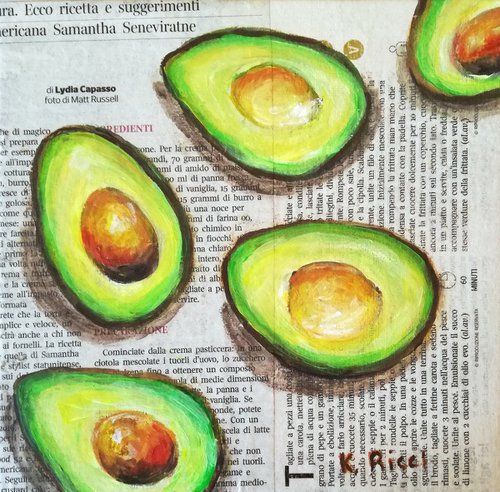 "Avocadoes on Newspaper" Original Acrylic on Canvas Board Painting 8 by 8 inches (20x20 cm) by Katia Ricci