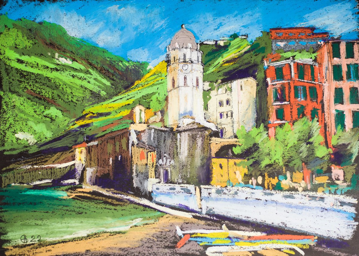 Vernazza, Cinqueterre. Cities of my dreams series. Small oil pastel drawing bright colors... by Sasha Romm