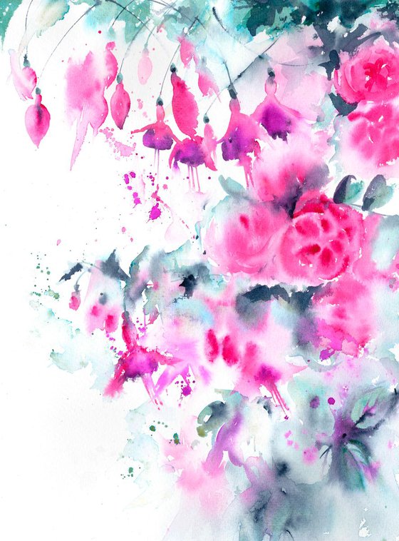Fuchsias and Roses, Floral Art, Original Watercolour painting, Loose flower painting