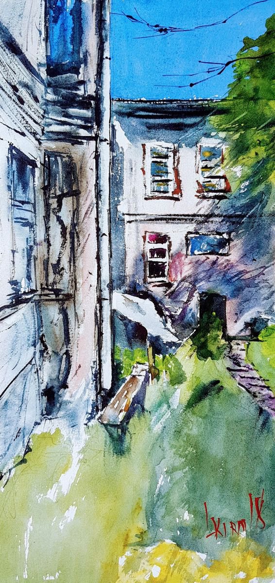 Impressionistic Cityscapes Watercolour By Leonid Kirnus, 8 X 16", Garden, Original Artwork