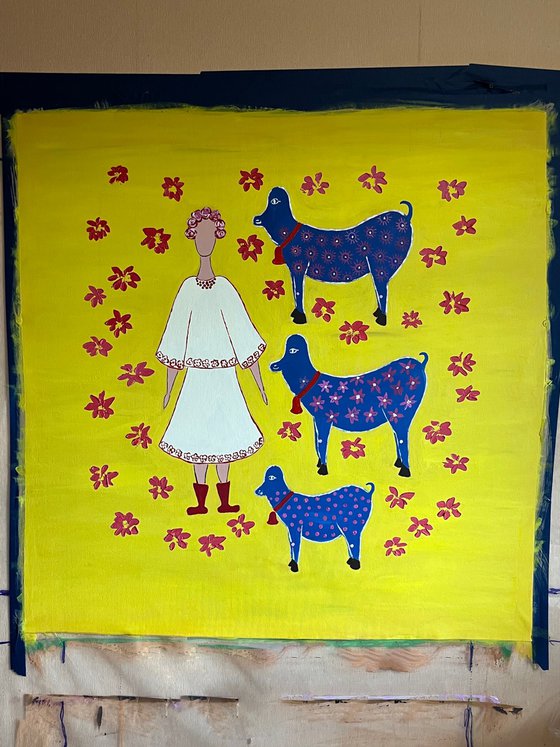 Woman Goats Original Painting