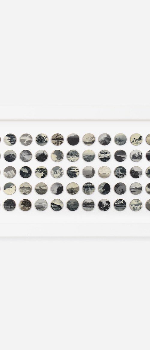 Monochrome mixed media landscape dots collage by Amelia Coward