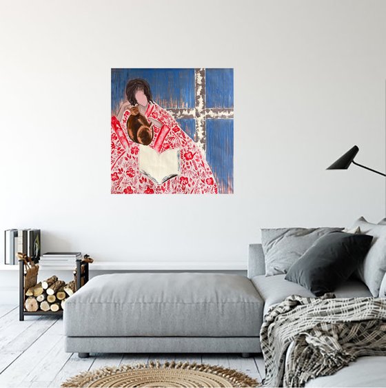 Woman Cat Reading Original Painting