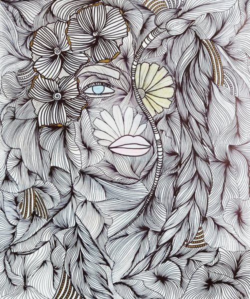 Merger - permanent marker drawing on paper image of nature face woman original gift home decor office interior by Olga Sennikova