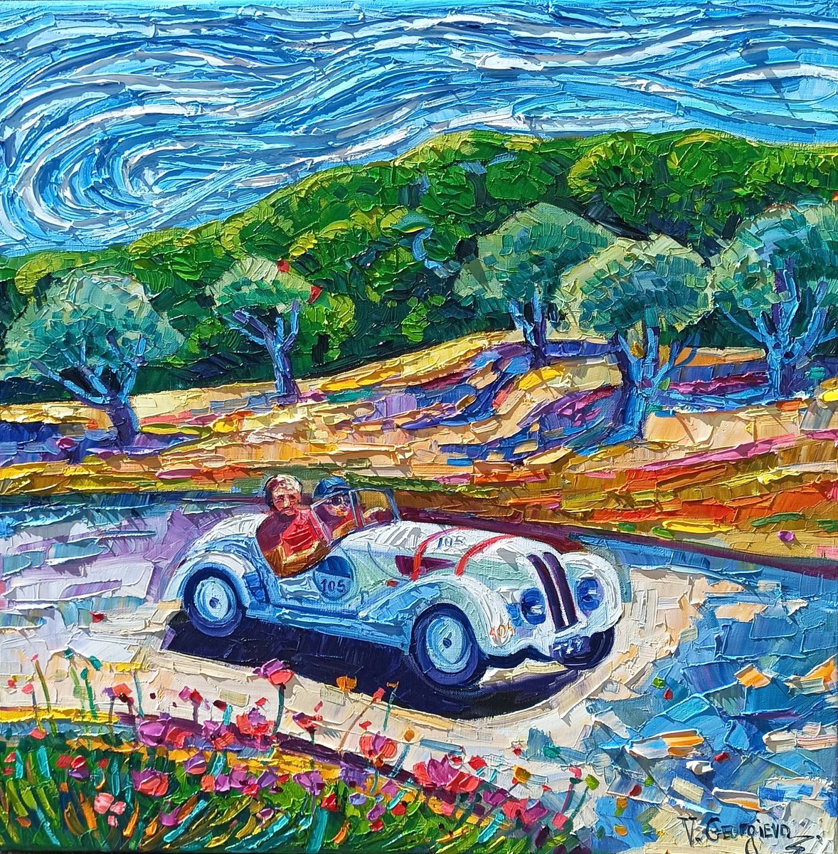 Expressive Landscape Oil Painting By Vanya Georgieva, 24 X 24", Mille Miglia / With Olive Trees, Original Artwork