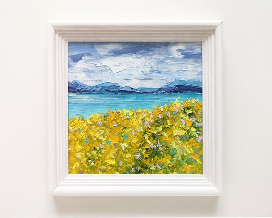 Impressionist landscape, sea, flower meadow, small oil painting