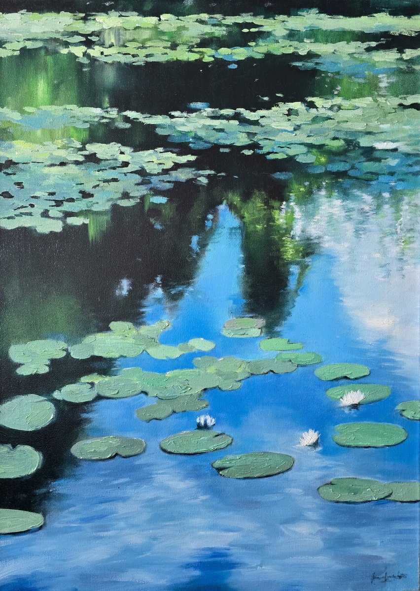 Impressionistic Landscape Oil Painting By Artem Grunyka, 20 X 28, Water Lilies, Original Artwork