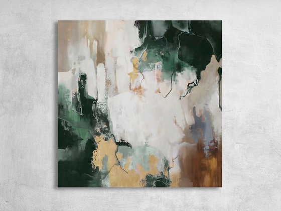 "Green Flood" Green gold brown abstract art