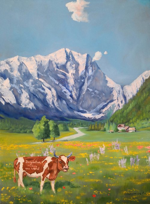Funny Cow in Switzerland mountains landscape Painting by Jane Lantsman
