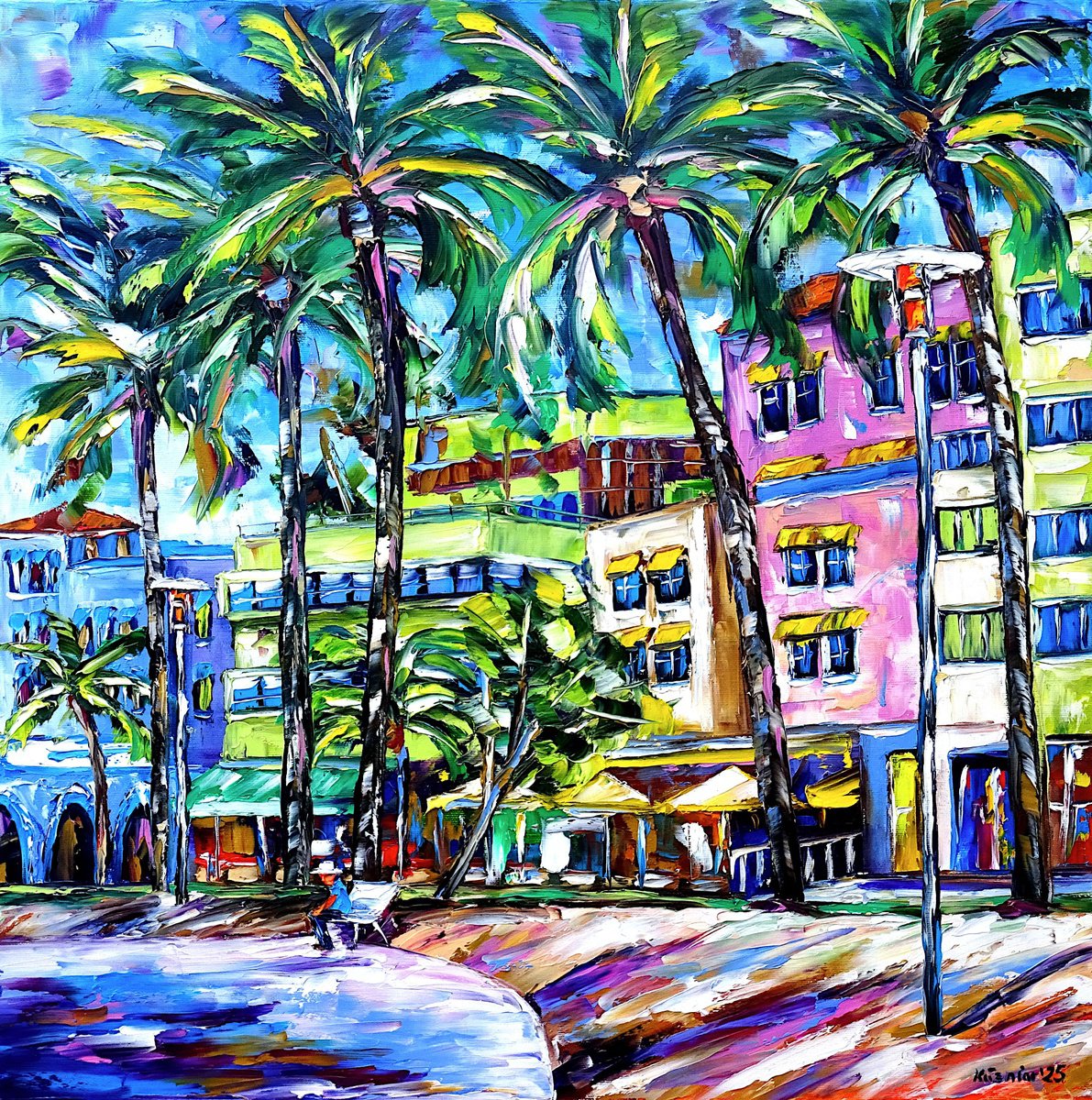 Expressive Cityscapes Oil Painting By Mirek Kuzniar, 24 X 24", Lummus Park, Miami Beach, Original Artwork