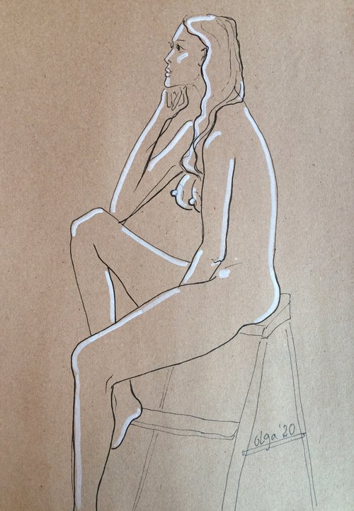 Naked girl- Erotic sketch - Nude seated woman drawing - Sensual gift for Valentine's Day. by Olga Ivanova