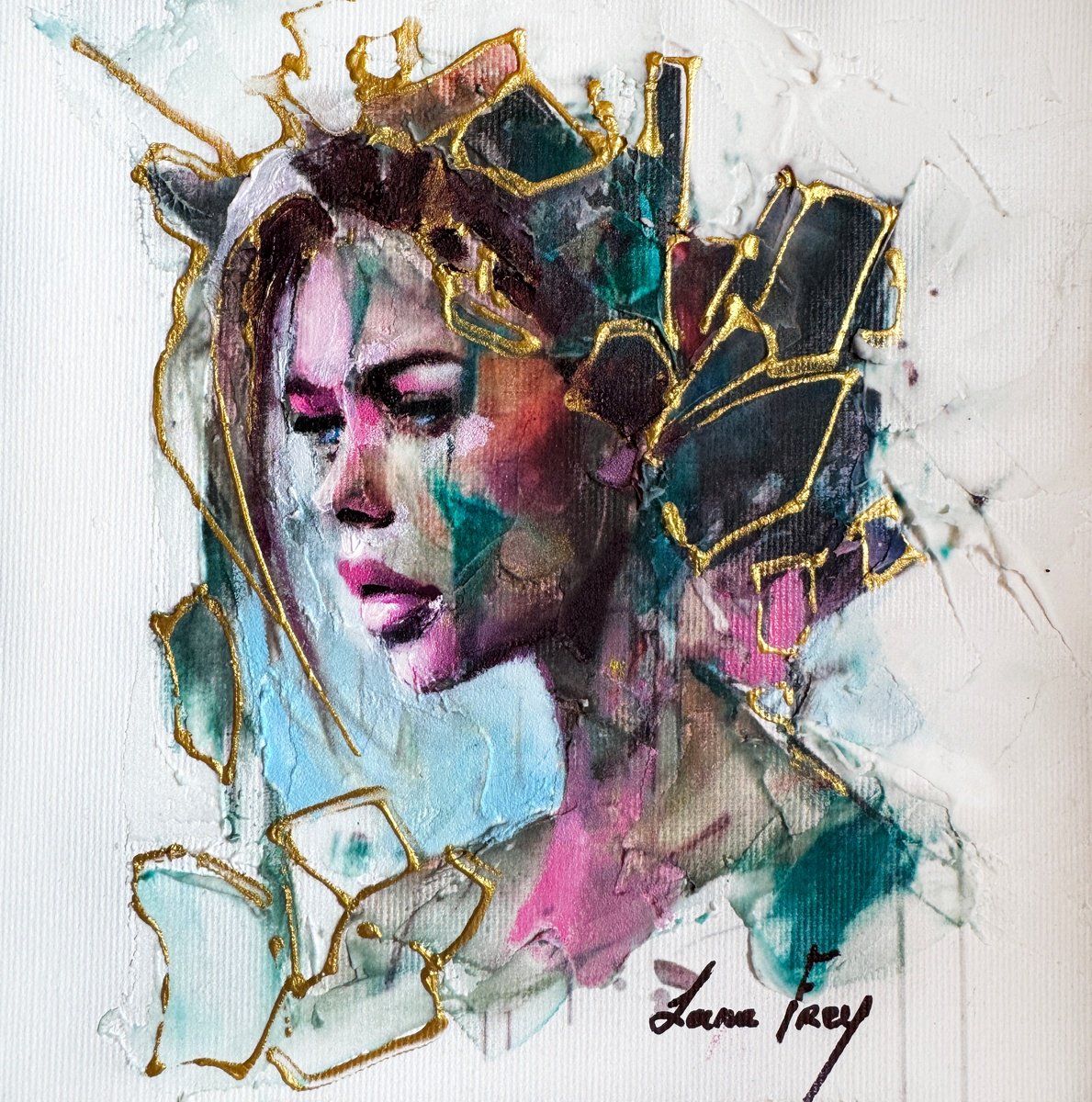 Expressive Portrait Painting By Lana Frey, 8 X 8", Shards Of Time, Original Artwork