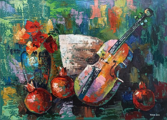 Still life  - flowers,  pomegranates and violin