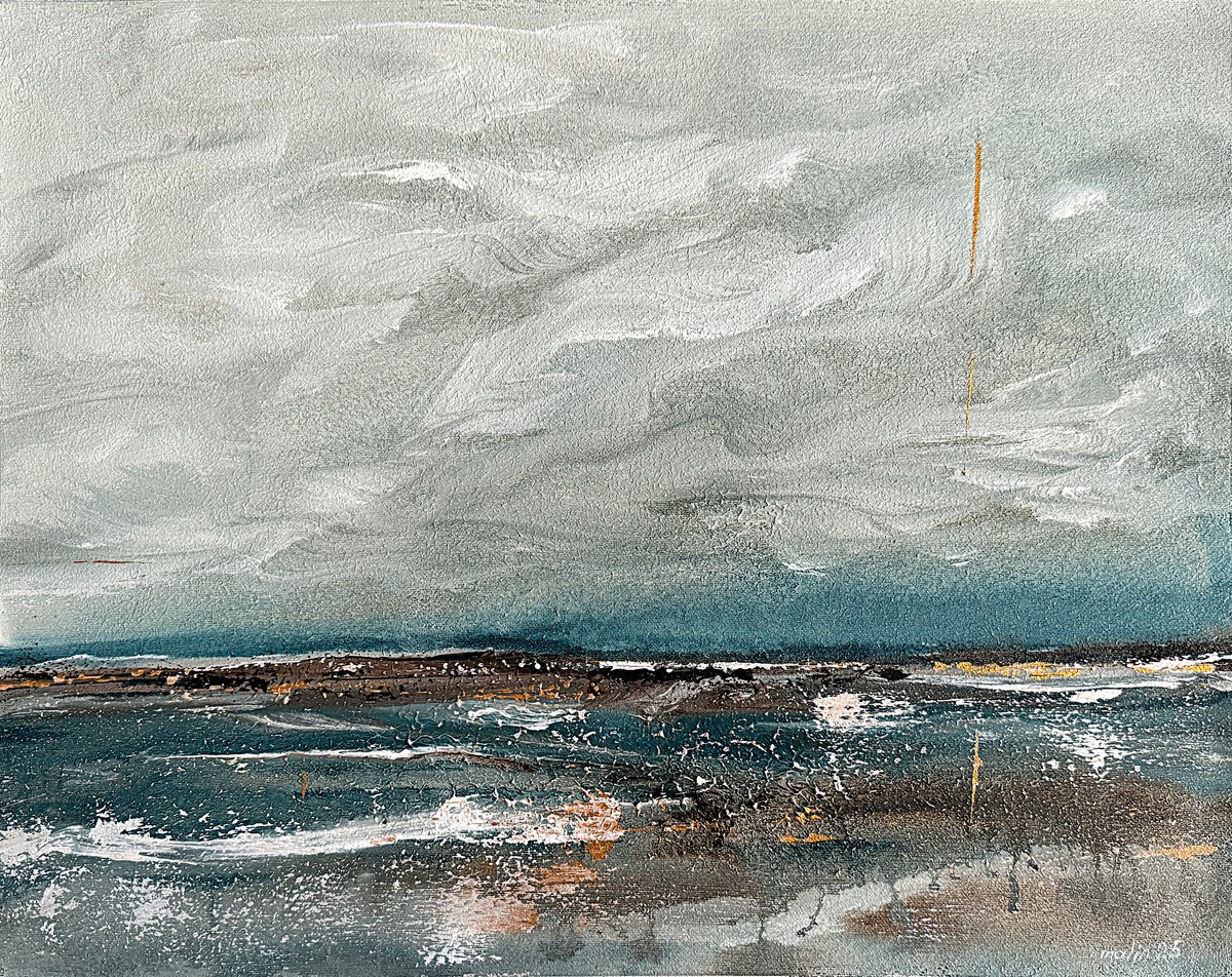 Impressionistic Abstract Acrylic Painting By Tatiana Malinovscaia, 21 X 17", Tide Memories Seascape, Original Artwork