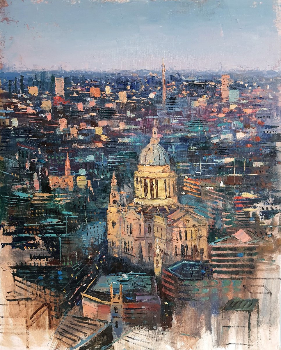 Impressionistic Cityscapes Oil Painting By Roberto Ponte, 16 X 20", View Of London With St Paul
