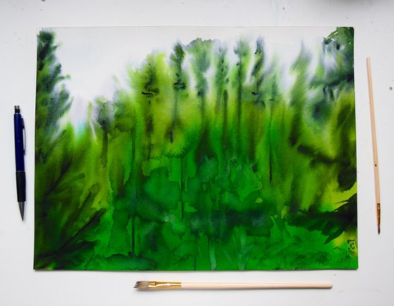 Watercolor painting landscape, fir forest pines painting, misty mountains original artwork, Christmas gift