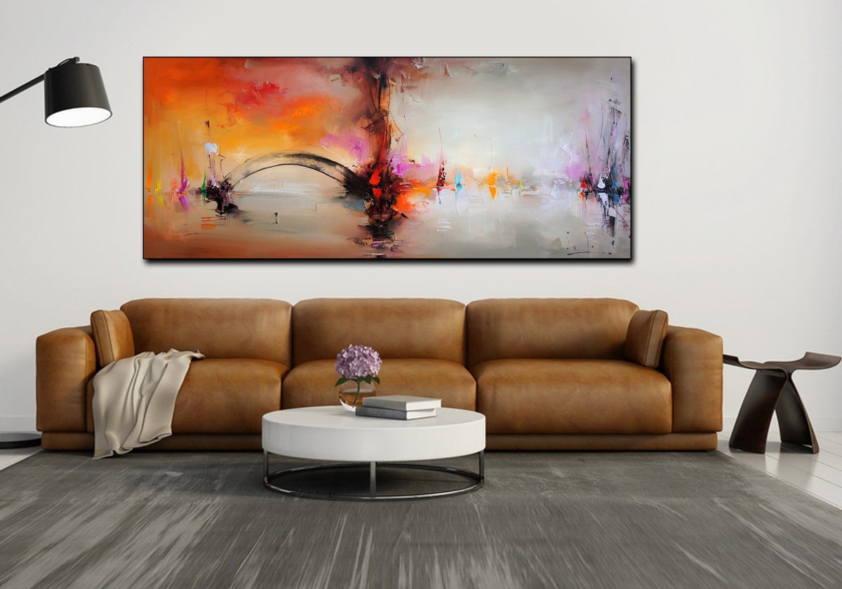 Abstract Landscape Oil Painting By Stanislav Lazarov, 72 X 30", Sea Play, Original Artwork