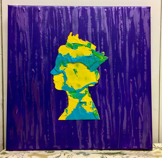 Queen # 82 on purple, yellow and blue MARBLE PATTERN PAINTING INSPIRED BY QUEEN ELIZABETH PORTRAIT