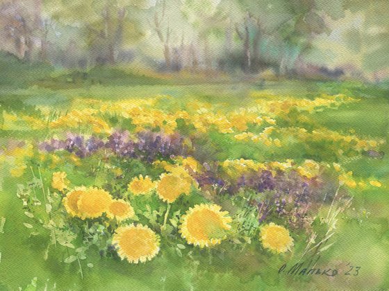 Dandelion field. The little Suns / ORIGINAL watercolor 12,2x9,1in (31x23cm)