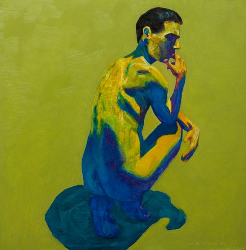 modern pop art portrait of a man in green blue and yellow by Olivier Payeur