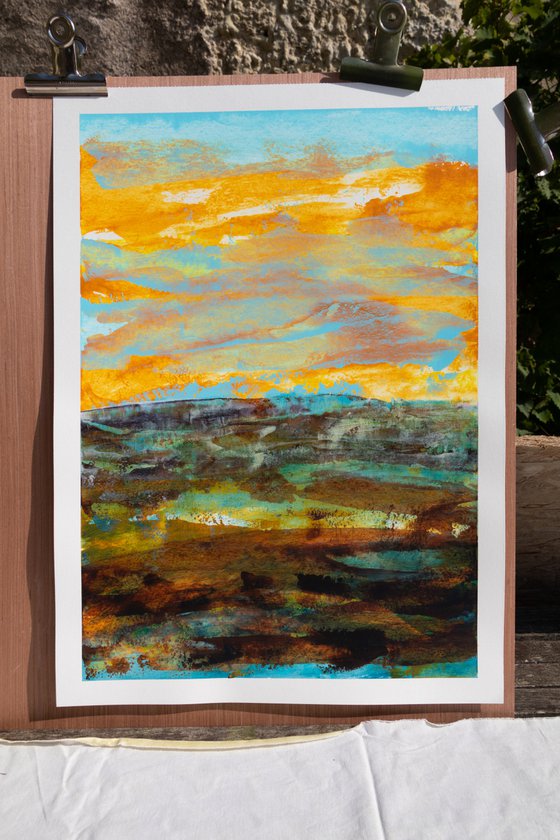 Orange clouds - knife painting, ideal decoration design home interior affordable abstract abstraction deco paper blue landscape cloudy sky