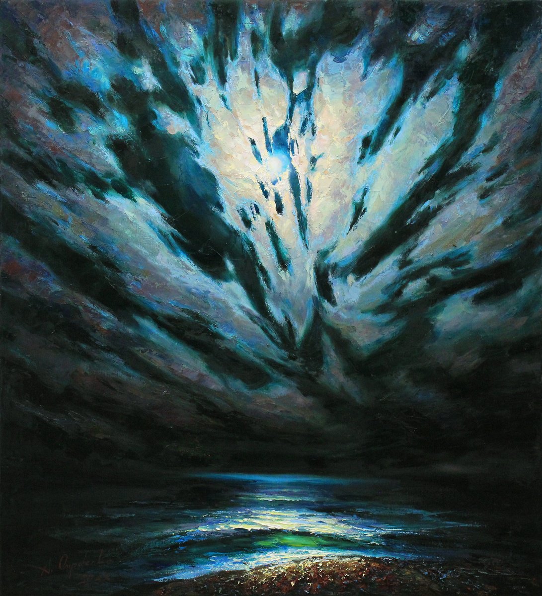 Impressionistic Landscape Oil Painting By Alisa Onipchenko-Cherniakovska, 35 X 39, Wings Of The Night. Moon Over Sea, Artfinder
