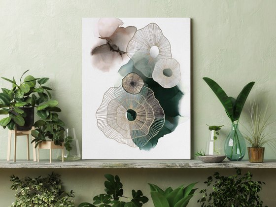 "Emerald golden molecules" Abstract green art