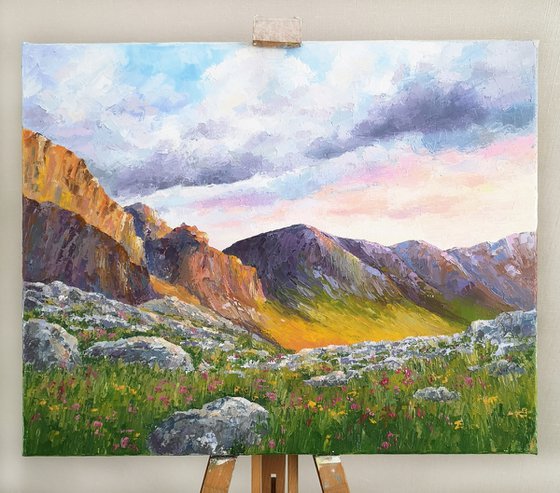 Mountain landscape. Impressionist mountain view, oil painting on canvas