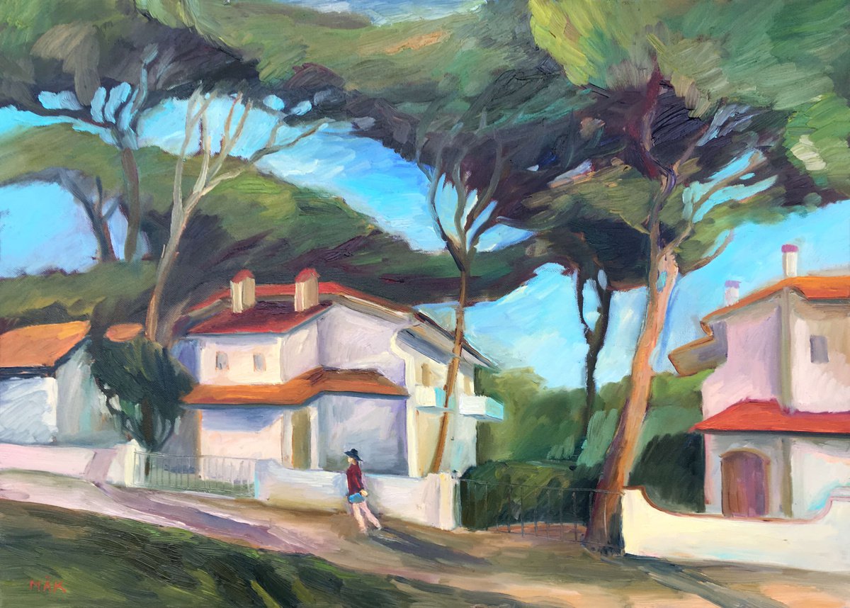 LIDO DI SPINA. ITALY - expressive Italian landscape with high green pine trees and small h... by Irene Makarova